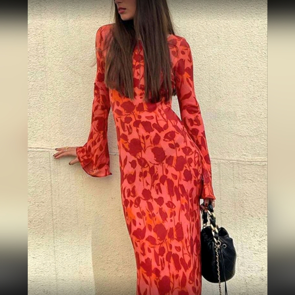 Floral Printed Long-Sleeved Elegant Round-Neck Basic Dress For Autumn Women's We